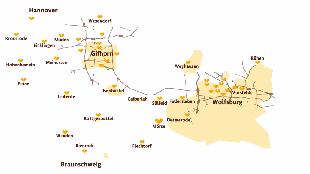 Eine Karte mit den Filialen von Wolfsburg bis Hannover.