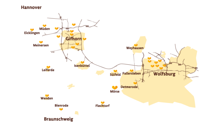 Eine Karte mit den Filialen von Wolfsburg bis Hannover.