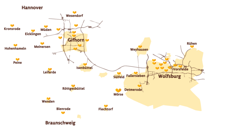 Eine Karte mit den Filialen von Wolfsburg bis Hannover.